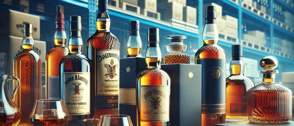 assorted whiskey bottles on rustic wood background