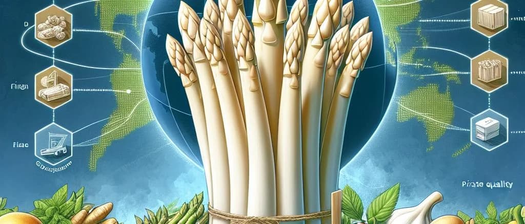 Variety of white asparagus displayed on rustic wooden surface, showcasing different packaging and fresh textures