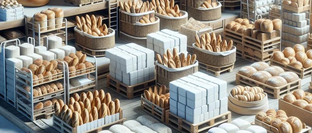 variety of white bread loaves with different packaging on wooden background