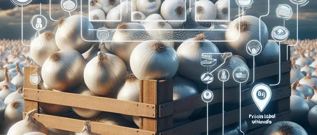 Various white onion varieties with different packaging options on a market stall