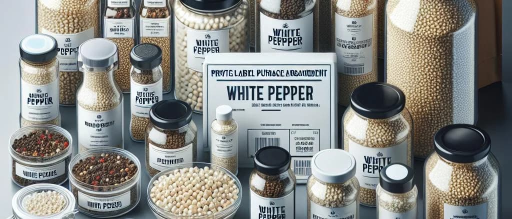 variations of white pepper packaging against a rustic wooden background