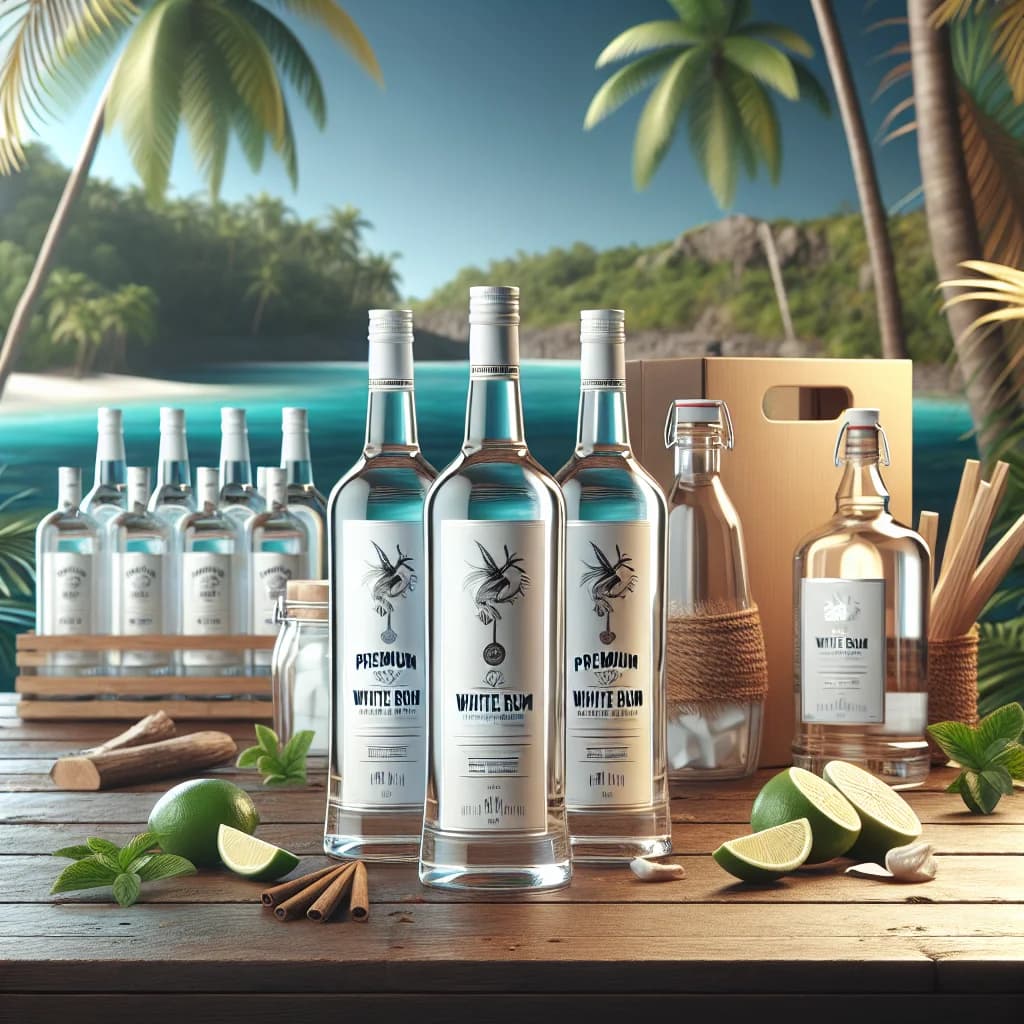 Premium white rum bottles with various packaging styles on a tropical-inspired background