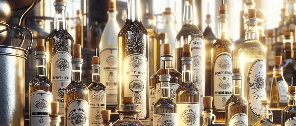 A variety of white vinegar bottles with labels in different packaging styles set against a backdrop of culinary herbs and spices