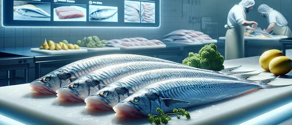 fresh whiting fillets on a wooden cutting board with three variations of packaging displayed