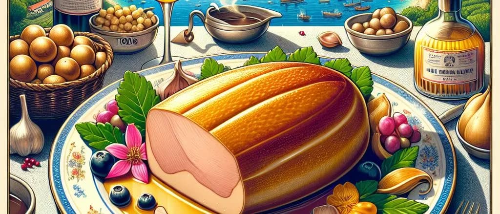 Whole Foies Gras in elegant packaging on a rustic wooden background with gourmet variations