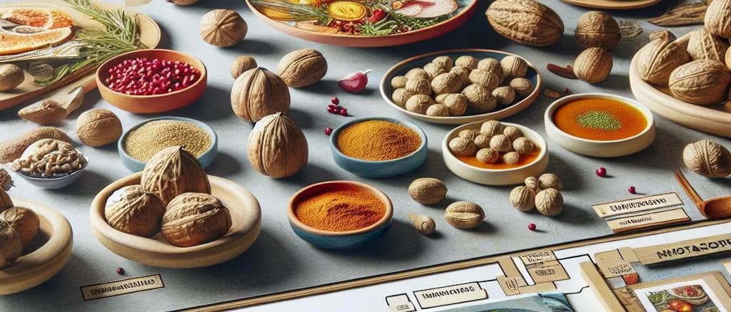 Whole nutmeg seeds with packaging variations on a rustic wooden background