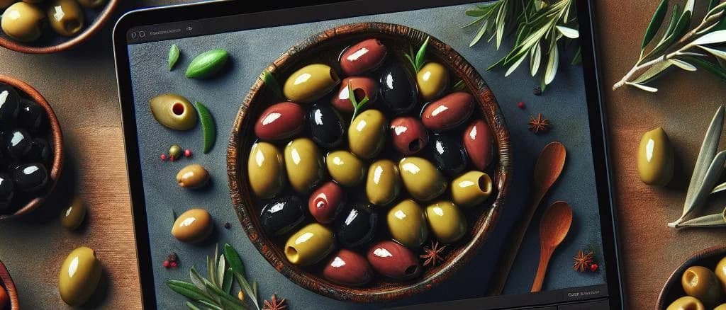 Whole olives in jars and bowls with various packaging options and backgrounds