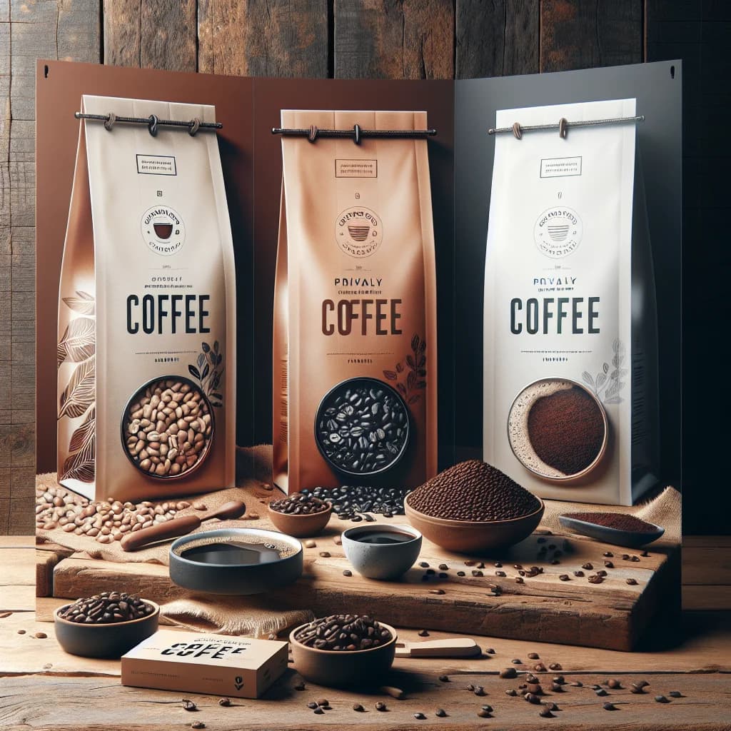Assorted wholesale coffee options in private label packaging with bulk sacks, showcasing light, medium, and dark roast variations on a rustic wooden background