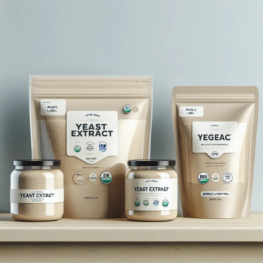 variety of packaged yeast extract products on a wooden countertop with a clean, neutral background