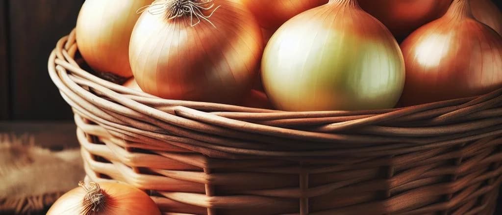 Fresh yellow onions on a rustic wooden table with various sizes and forms.