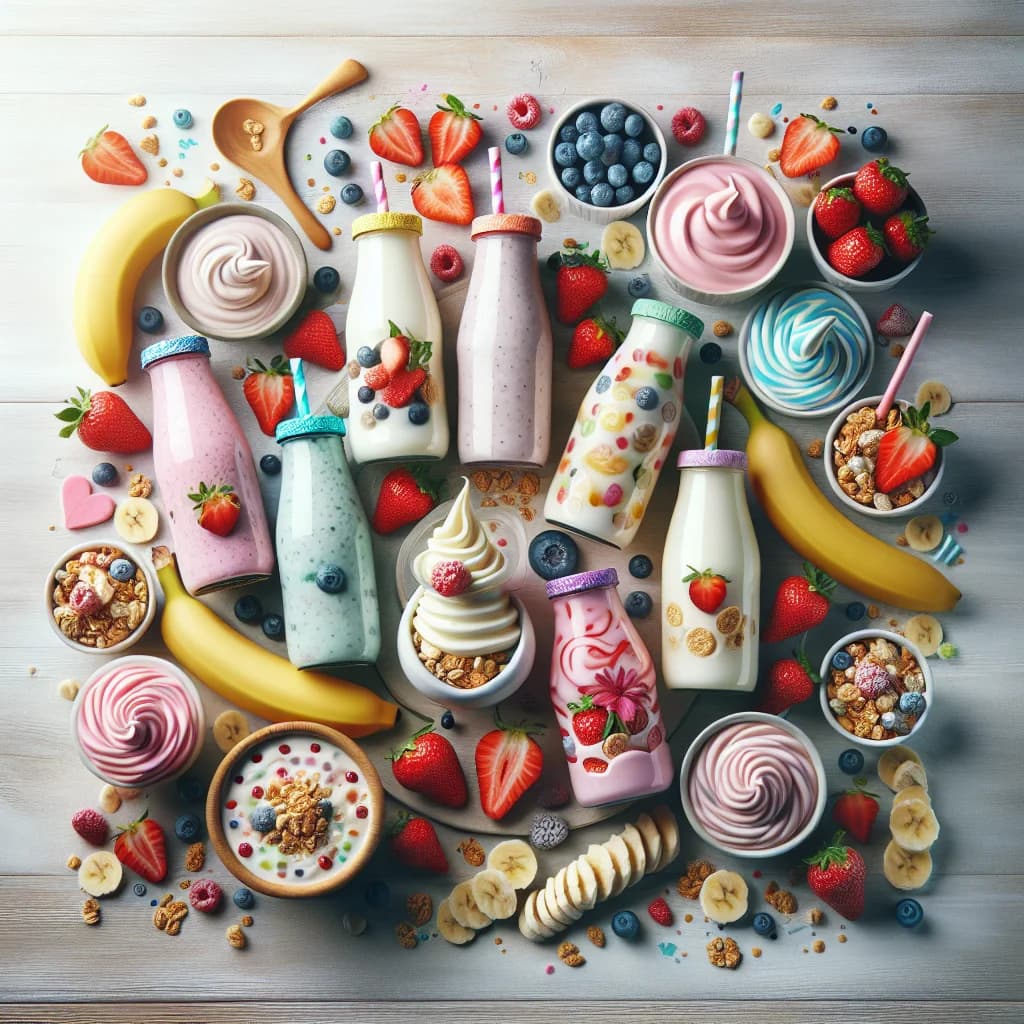 assorted yogurt smoothies in various packaging with vibrant ingredients in the background