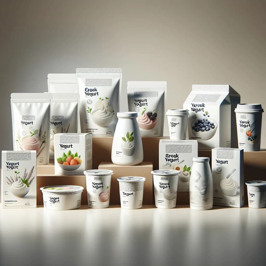assorted yogurt containers with various flavors on a neutral background