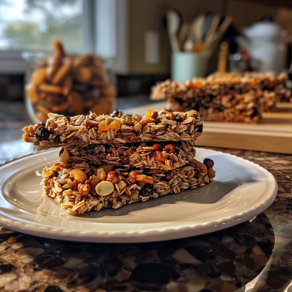 Muesli bars with various packaging and flavors on a rustic wooden table