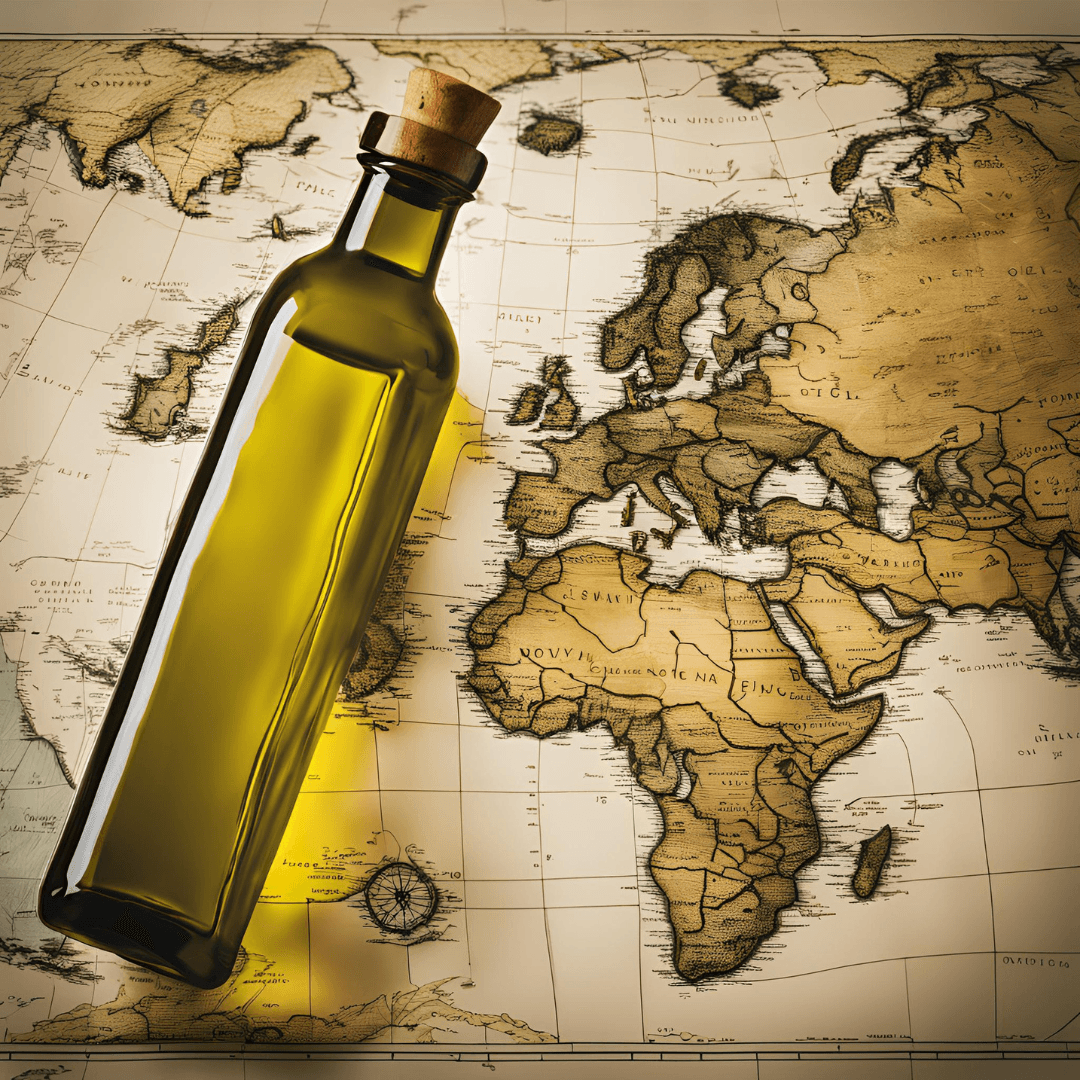 Olive oil bottle next to world map