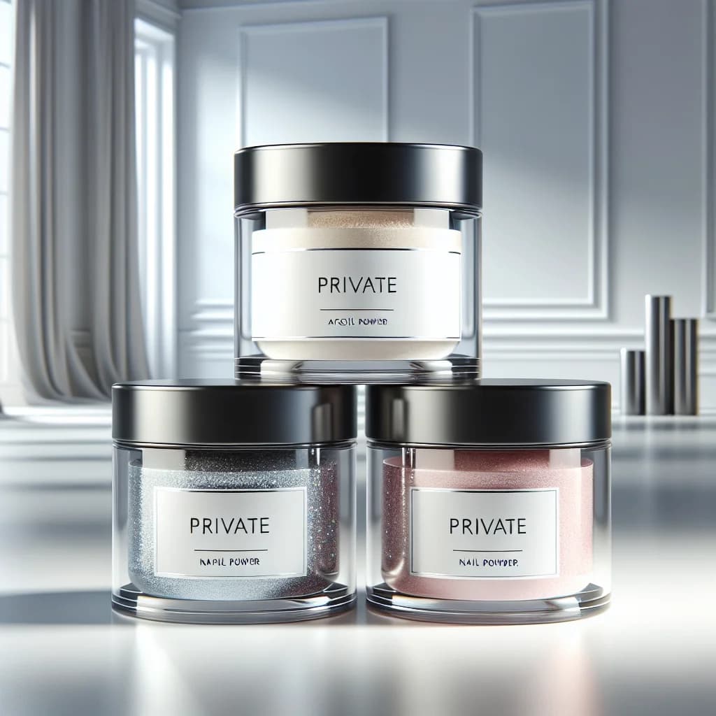 premium acrylic nail powder jars in various colors on a clean studio background