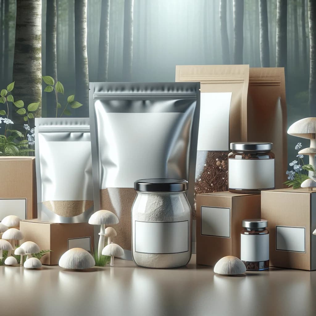 various packaging options of Agaricus Blazei Extract in bulk, private label, and wholesale formats on a clean white background with natural accents