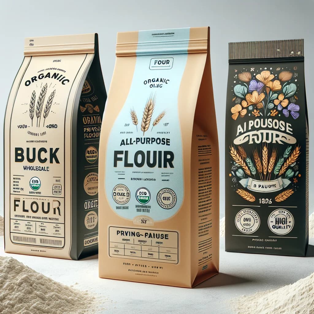 premium all purpose flour packaging with variations for bulk and private label options on a clean background
