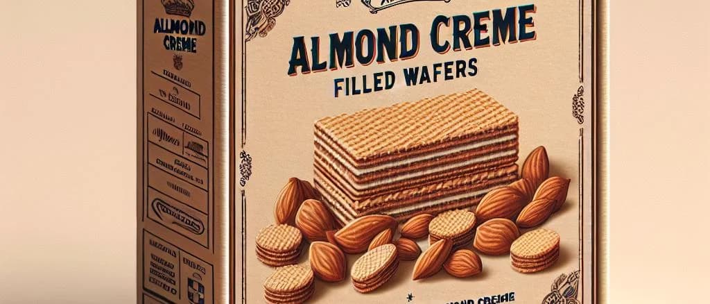 Almond creme filled wafers on a wooden surface with variations in packaging