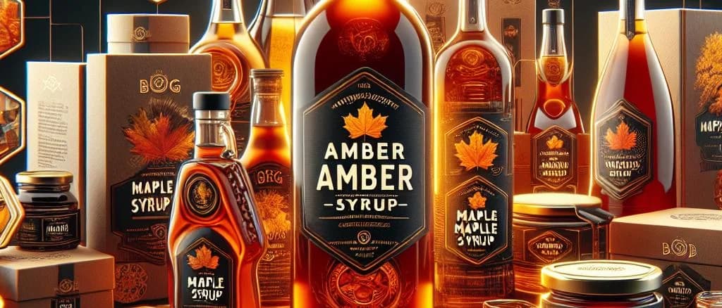 Amber maple syrup bottles on a rustic table with fall foliage