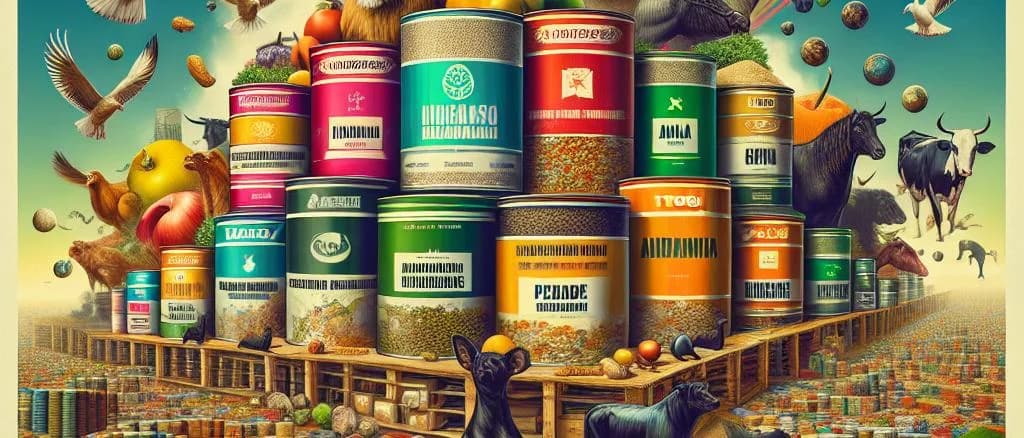 Variety of packaged animal feed ingredients on a wooden table