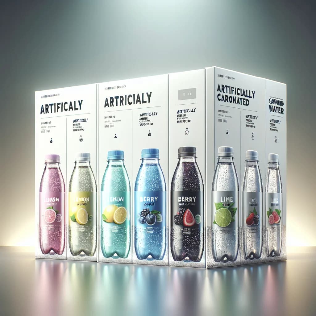 variety of artificially carbonated water bottles with different flavors in sleek, modern packaging on a minimalistic background