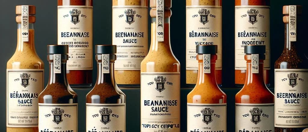 Assorted Béarnaise sauce jars with various packaging designs on a wooden kitchen counter