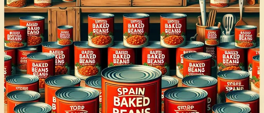 canned baked beans in tomato sauce with varied packaging and backdrop