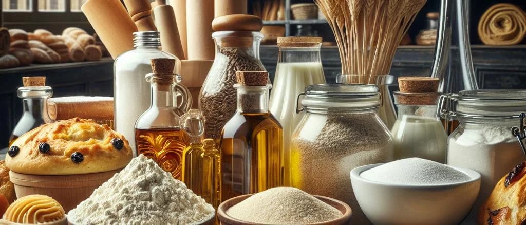 baking ingredients selection including flour, sugar, and spices in various packaging