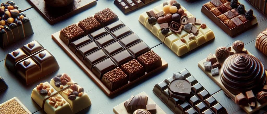 assorted chocolate-covered bars with various packaging options and backgrounds