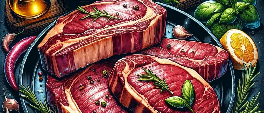 Various cuts of beef hanger steak on rustic wooden background