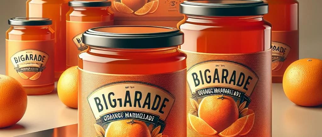 Bigarade Orange Marmelade jars in different packaging options on a rustic kitchen counter