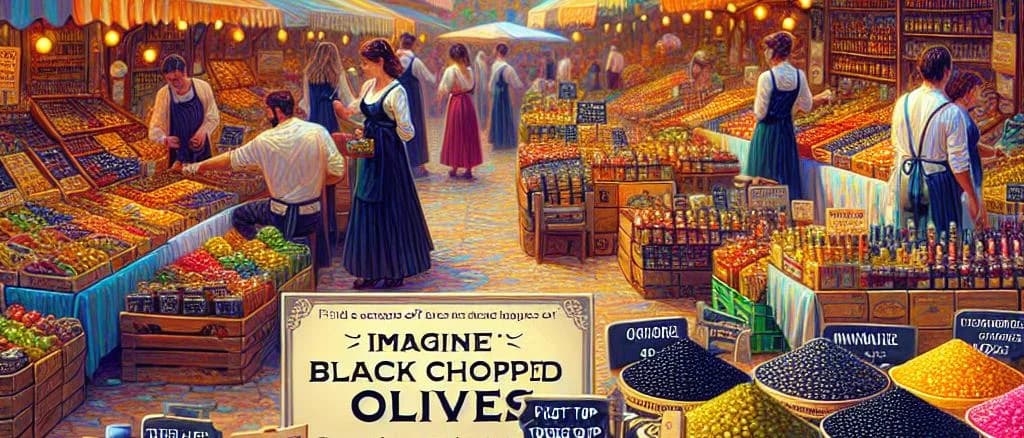 Variety of black chopped olives in different transparent packaging on a wooden background