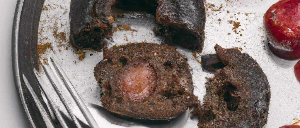 Black pudding with apple on rustic wooden table, accompanied by two variations of packaging.