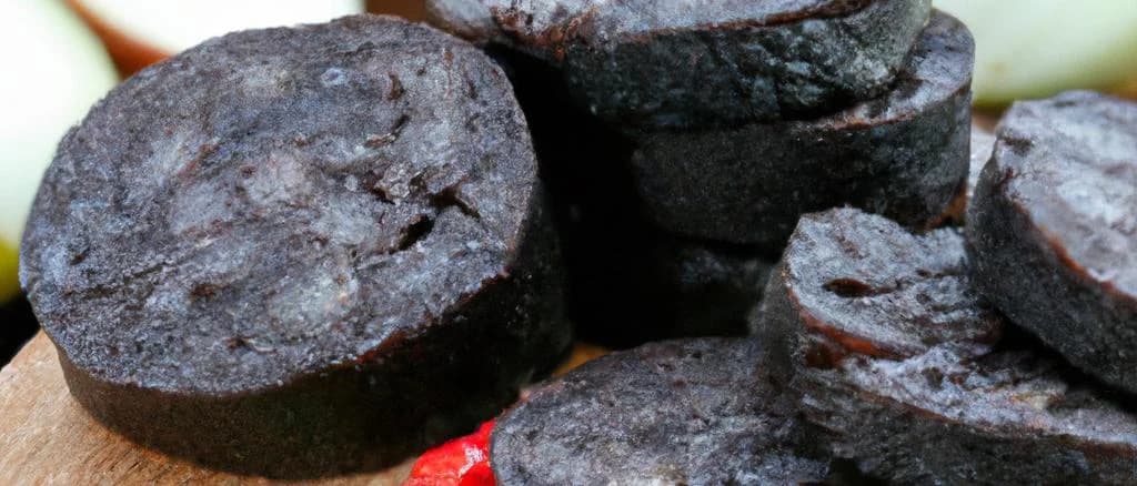 varied black pudding with onions on wooden board