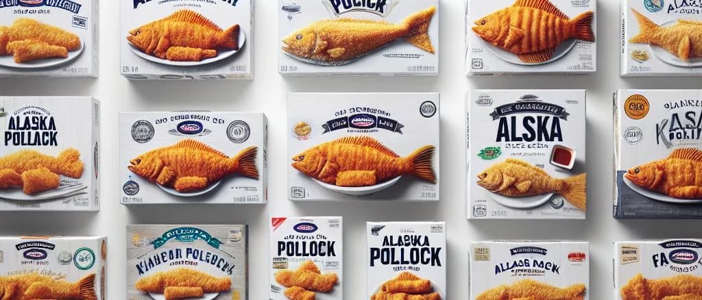breaded Alaska pollock variations with diverse packaging on neutral background
