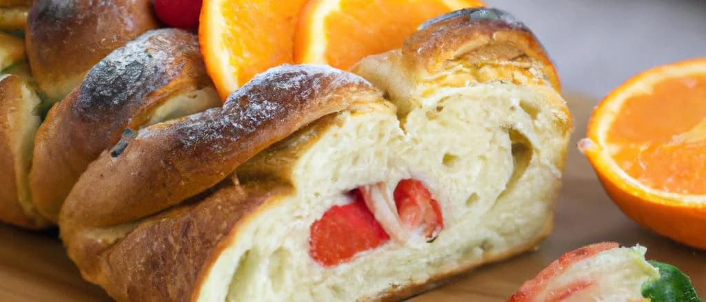 brioche filled with fruits on a rustic wooden table