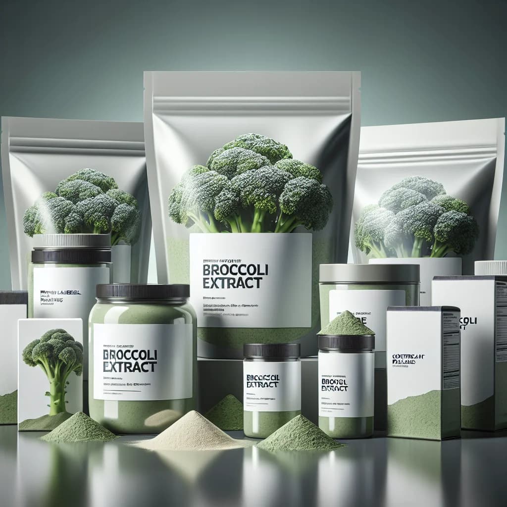 broccoli extract powder in resealable bulk packaging with variations of raw powder in jars against a clean white background