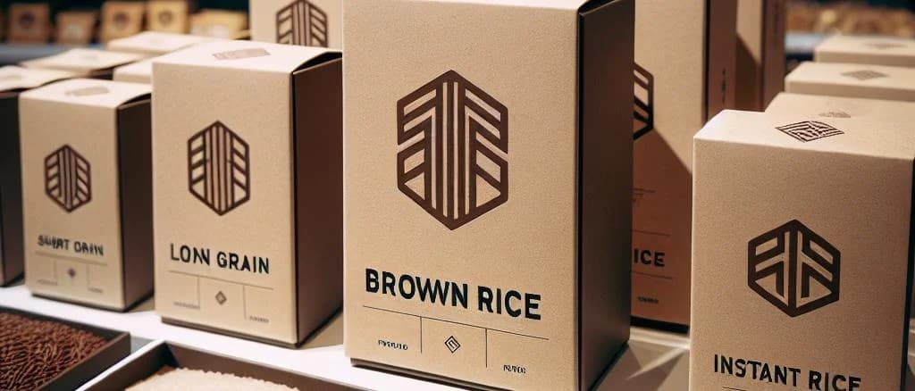 brown rice varieties in different packaging on wooden background