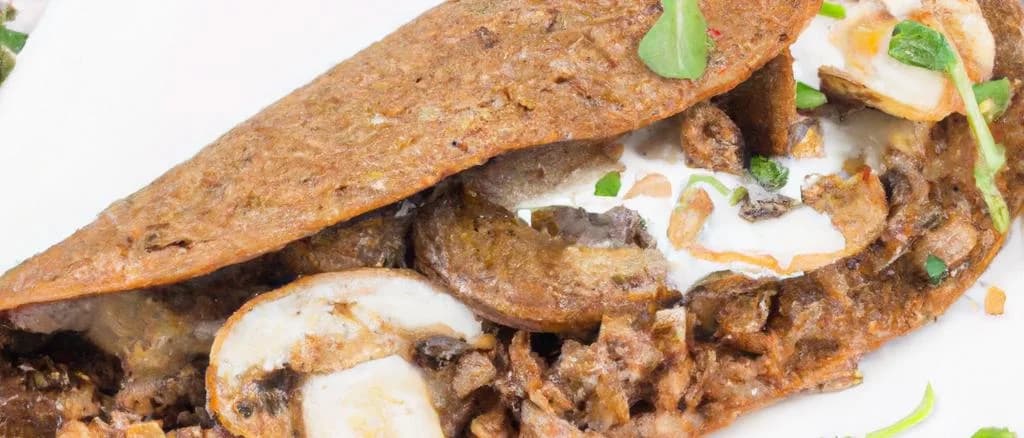 buckwheat crepe with mushrooms on wooden board with herbs and spices