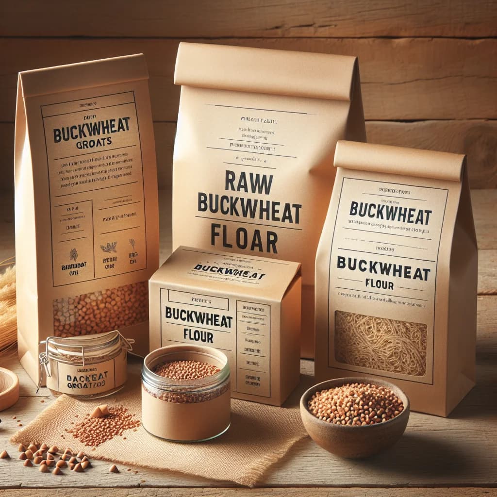 assorted buckwheat products in eco-friendly packaging on a wooden countertop with neutral background