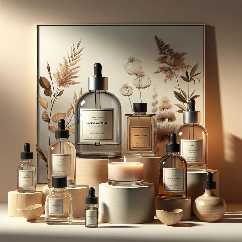variety of candle fragrance oil bottles with stylish packaging on a clean background