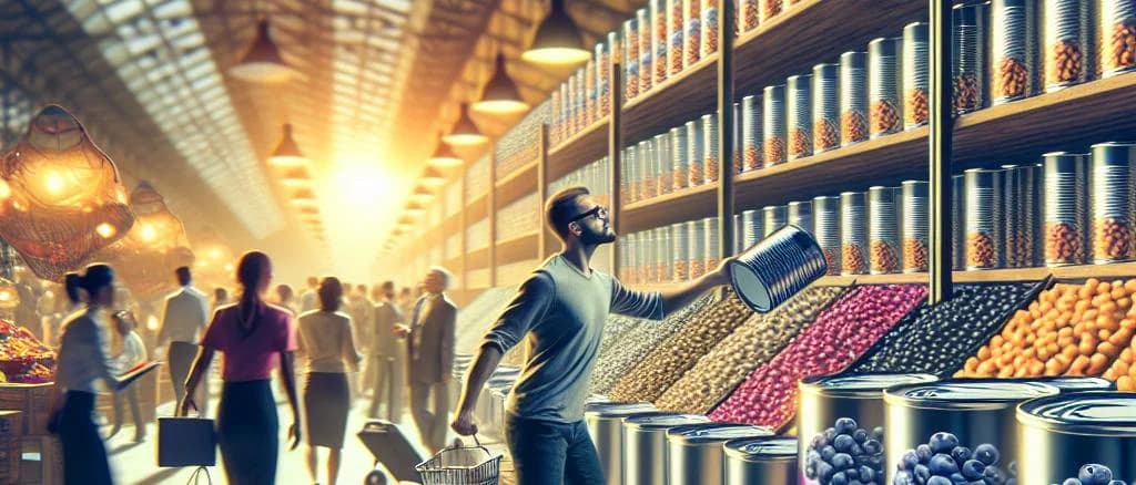 Variety of canned blueberries with different packaging options on a wooden table