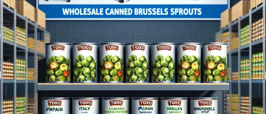 Canned Brussels sprouts in various packaging options displayed on a wooden surface