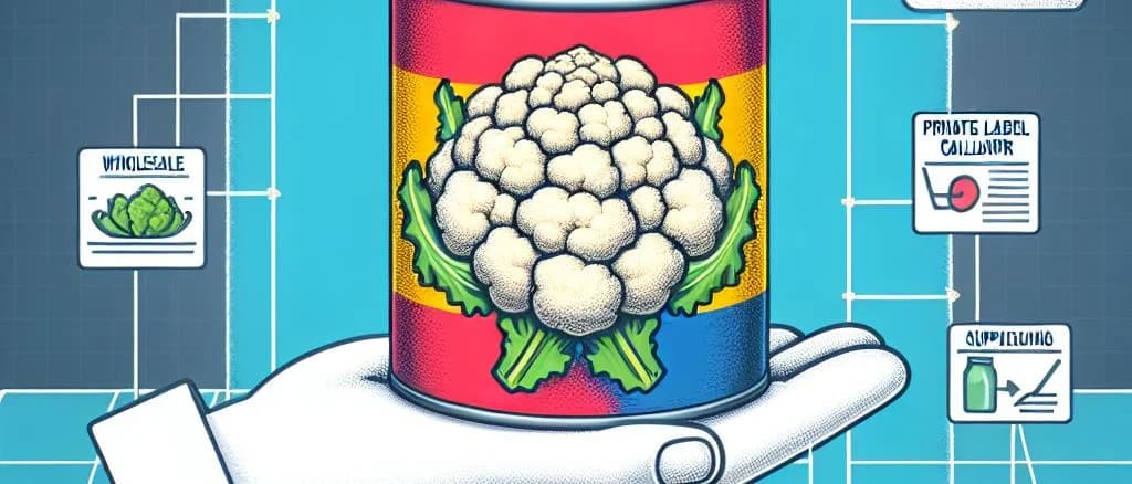 Canned cauliflower in various packaging options on a wooden kitchen shelf