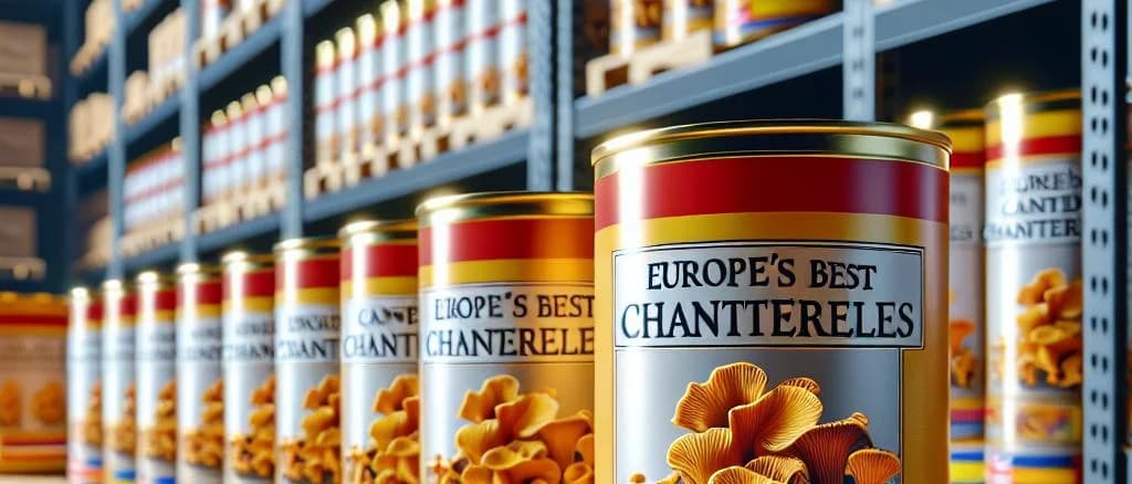Variety of canned chanterelles with metal lids and labels in a kitchen setting