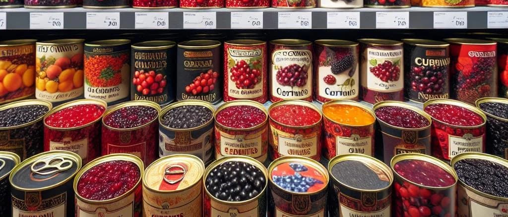 Assorted canned currants in various packaging styles on a wooden shelf