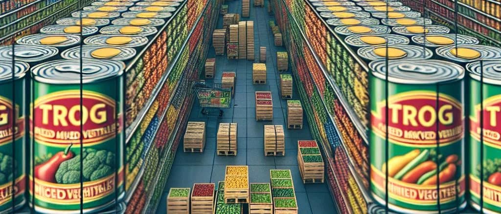 canned diced mixed vegetables in various packaging options on a wooden background