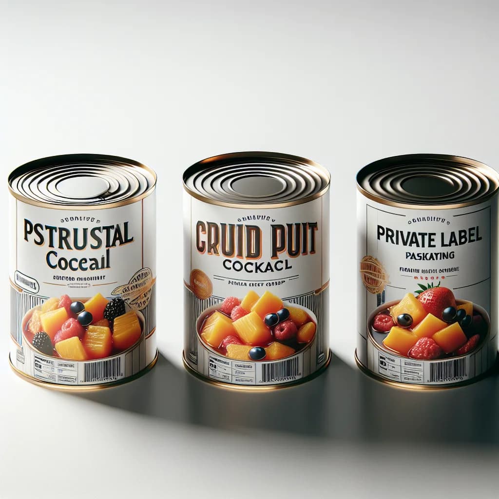 canned fruit cocktail in syrup not drained in three packaging variations on a clean white background