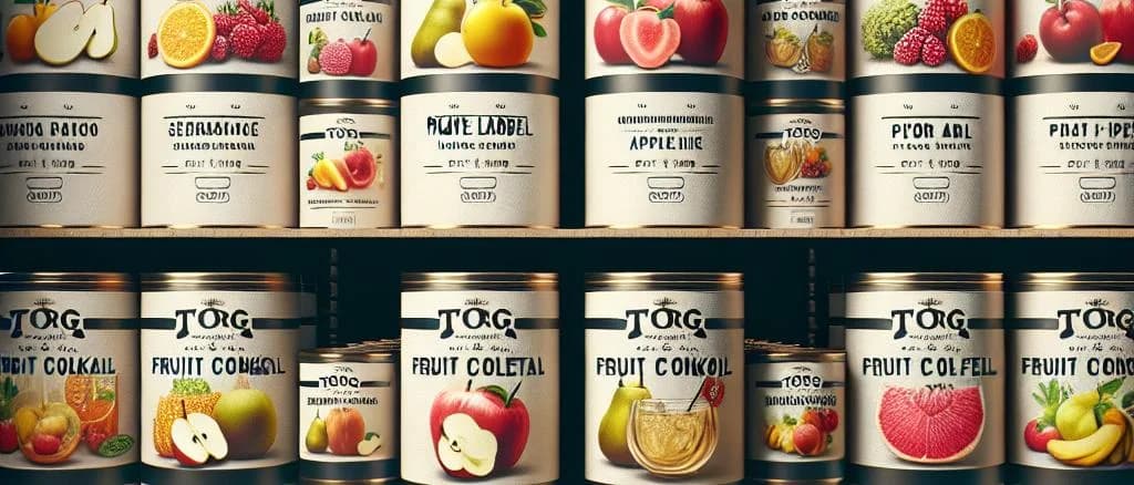 variety of canned fruit cocktail with colorful syrup in different can designs