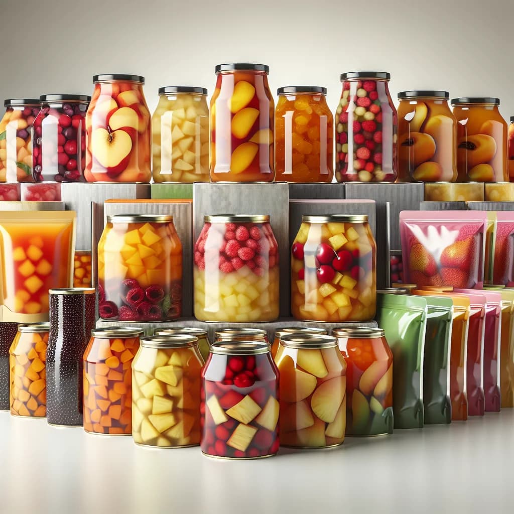 canned fruit cocktail assortment with various packaging options on a clean white background